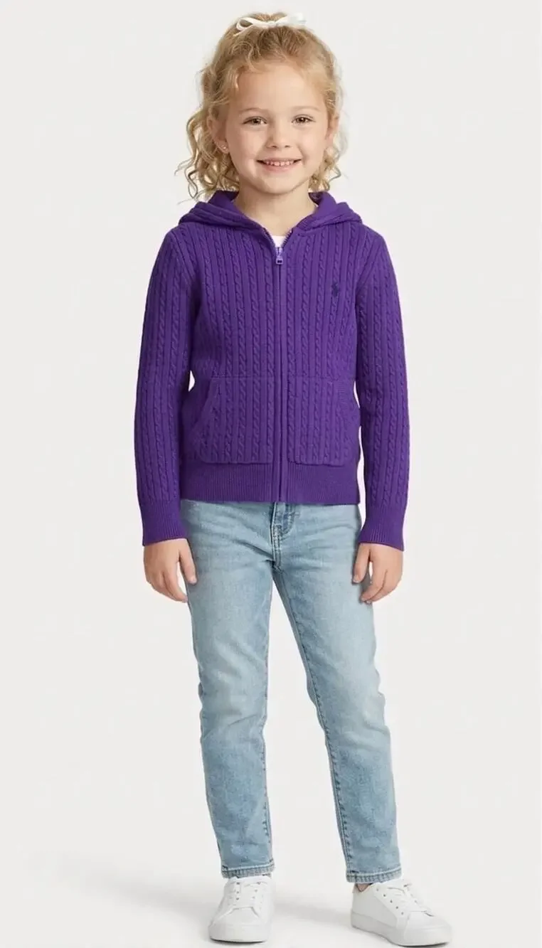 NWT❤️Polo Ralph Lauren Big Girls Mini Cable Cotton Full Zip Hoodie szL(12-14)